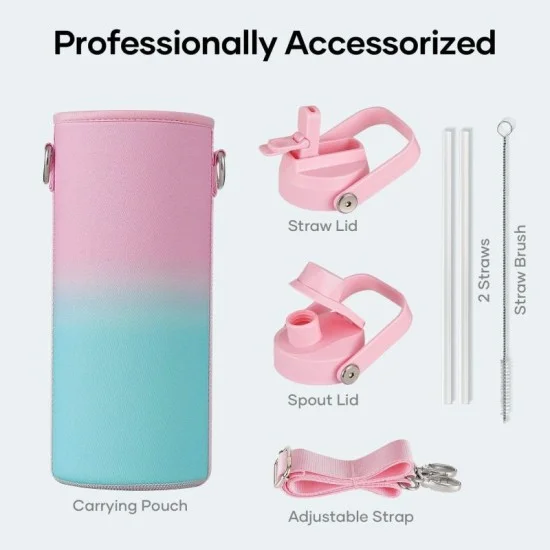 Buzio Duet Series Water Bottle with 2 Lids and Sleeve 1.2L - Pink Green